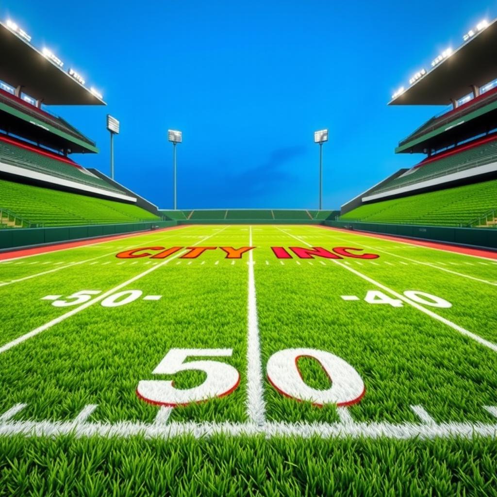 A realistic American football field showcasing lush green grass, perfectly maintained with vivid white yard markings delineating each section