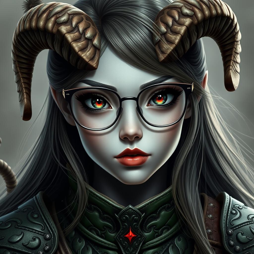 A realistic portrayal of a Demon Ranger Girl with striking gray skin and captivating black eyes featuring red irises
