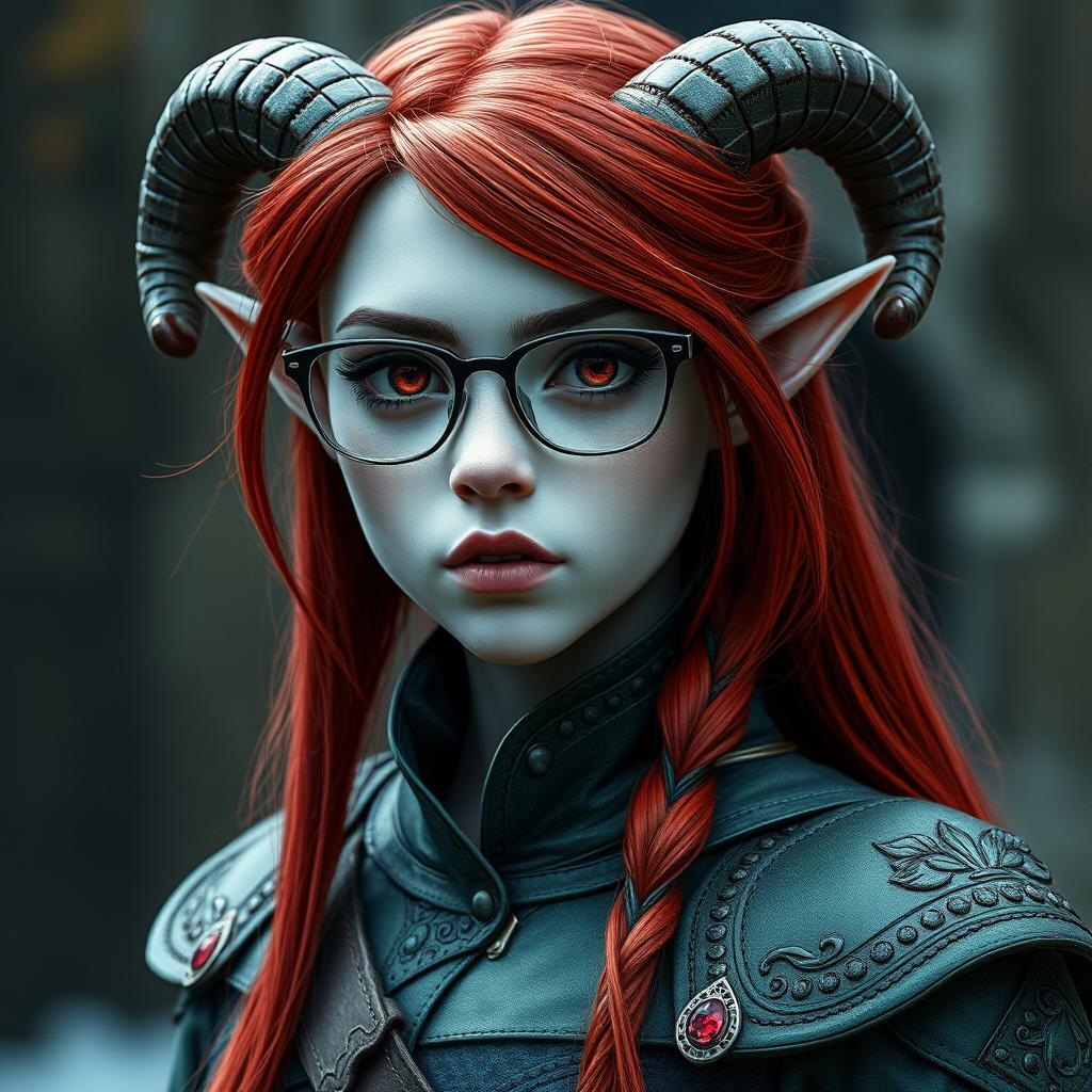 A tiefling girl ranger standing 198cm tall, with an ethereal ash-gray skin covering her body and a strikingly beautiful face by human standards