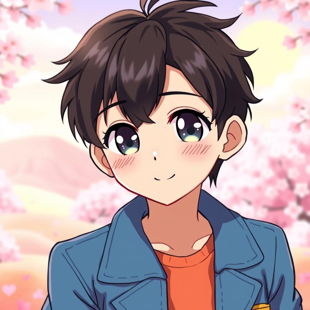 A cute, handsome young man in anime style who is not very tall