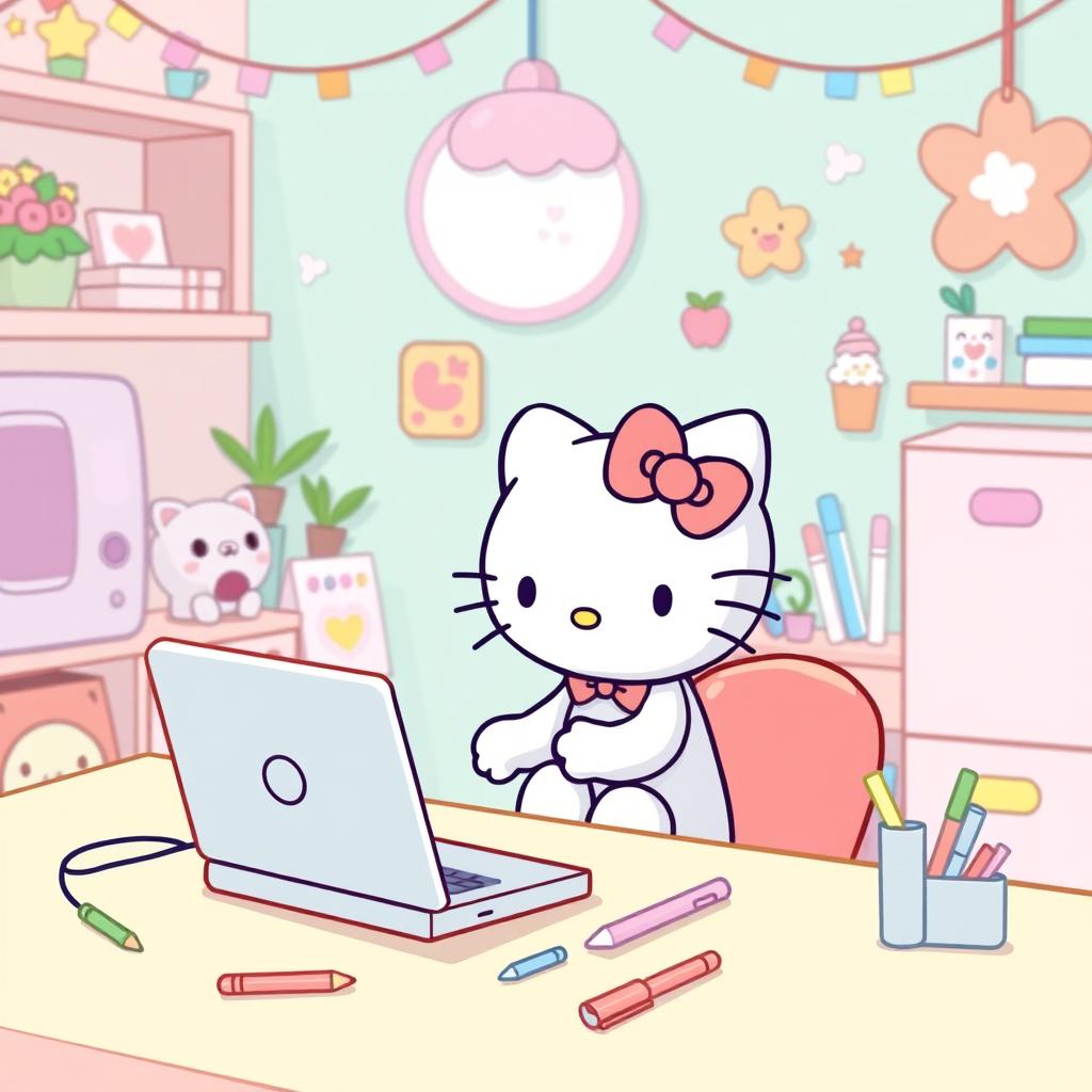 An illustration of Hello Kitty using a computer, depicted in a cute and whimsical style