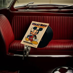 A close-up of a gangster-themed Mickey Mouse album cover resting on a seat of a vintage automobile