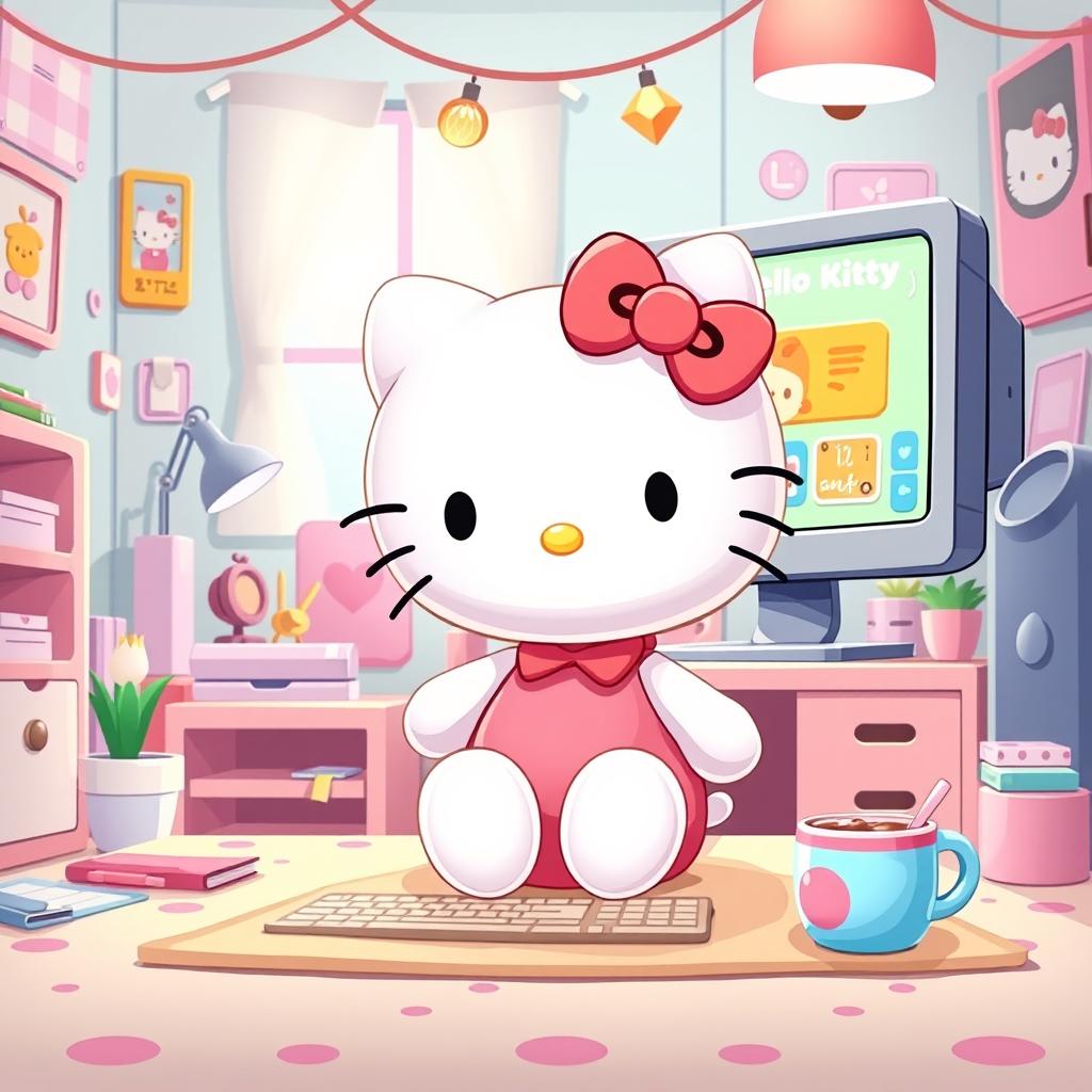 Hello Kitty sitting at a computer, illustrated in a colorful 2D style, with a front view perspective