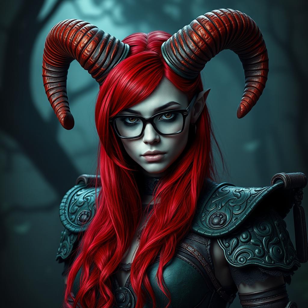 A stunning demoness showcasing striking scarlet hair cascading down her back, adorned with magnificent scarlet ram horns