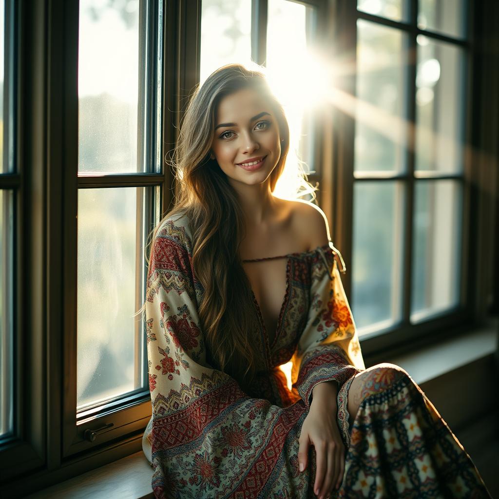 A girl sitting by a large window, gazing directly at the camera with an inviting smile