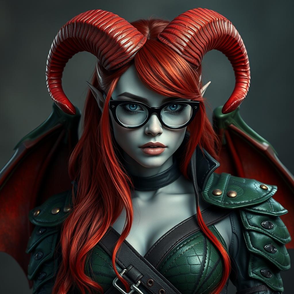 A striking demoness with stunning scarlet hair cascading down her shoulders