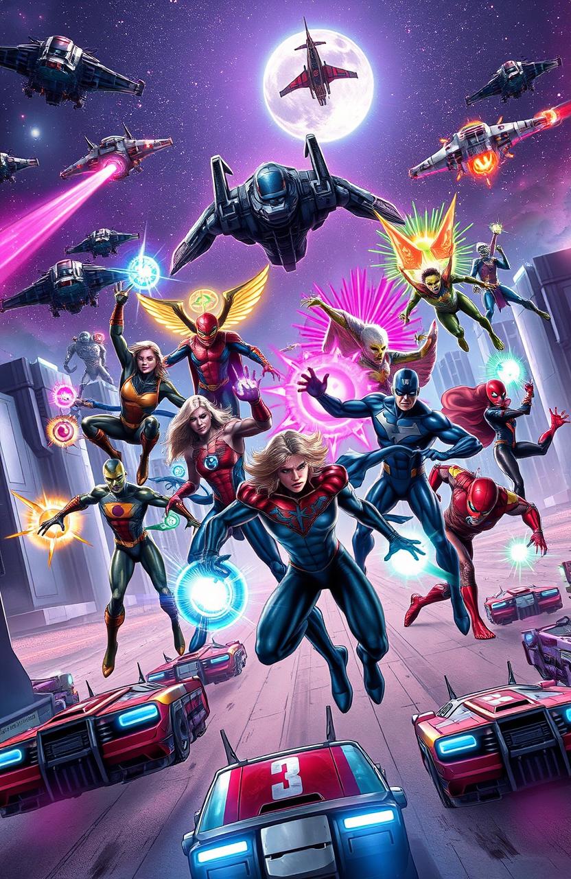 A group of dynamic superheroes battling against a squad of colorful aliens in an epic sci-fi landscape