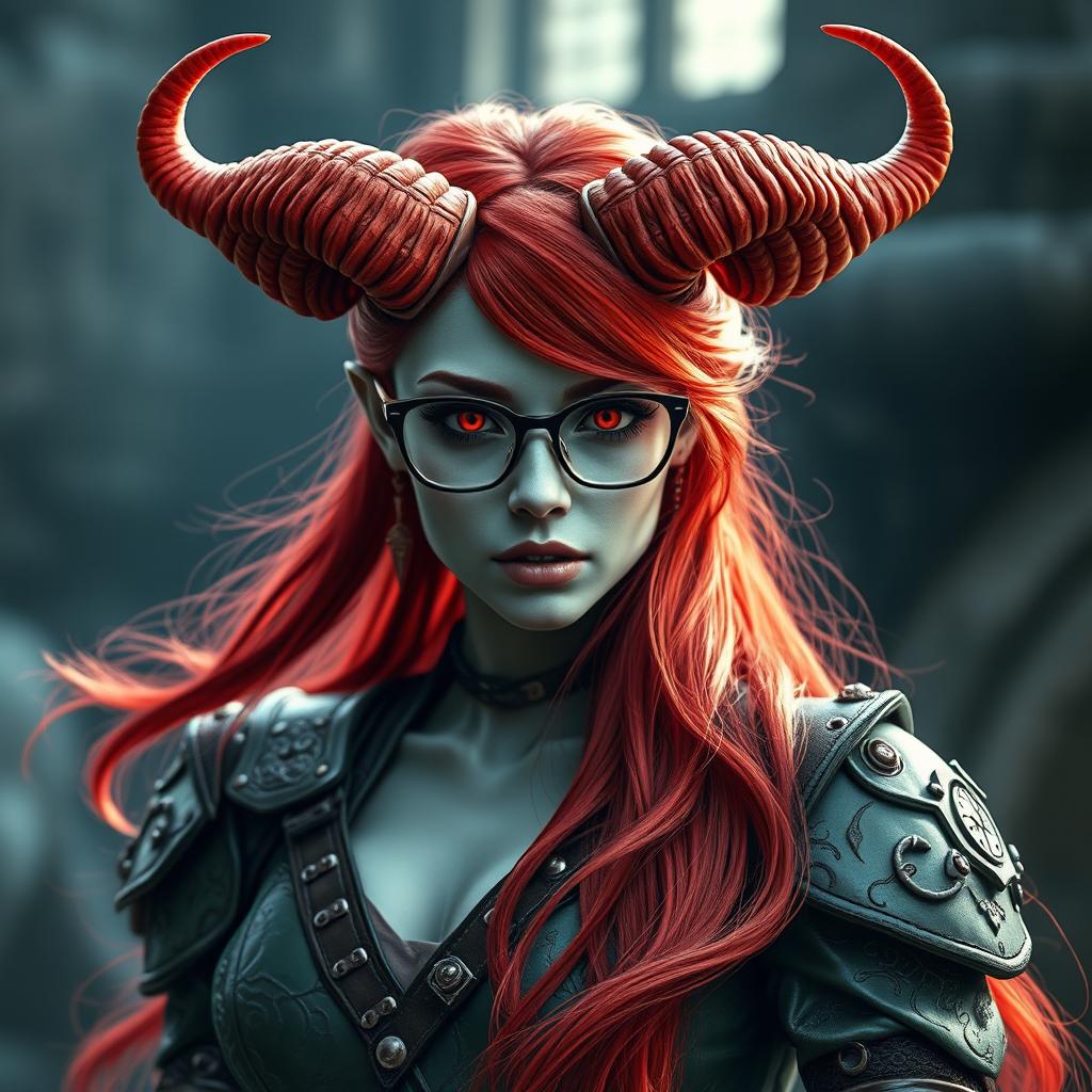 A stunning demoness with flowing scarlet hair cascading elegantly around her shoulders, adorned with striking scarlet ram horns protruding majestically from her head