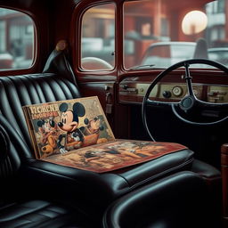 A close-up of a gangster-themed Mickey Mouse album cover resting on a seat of a vintage automobile