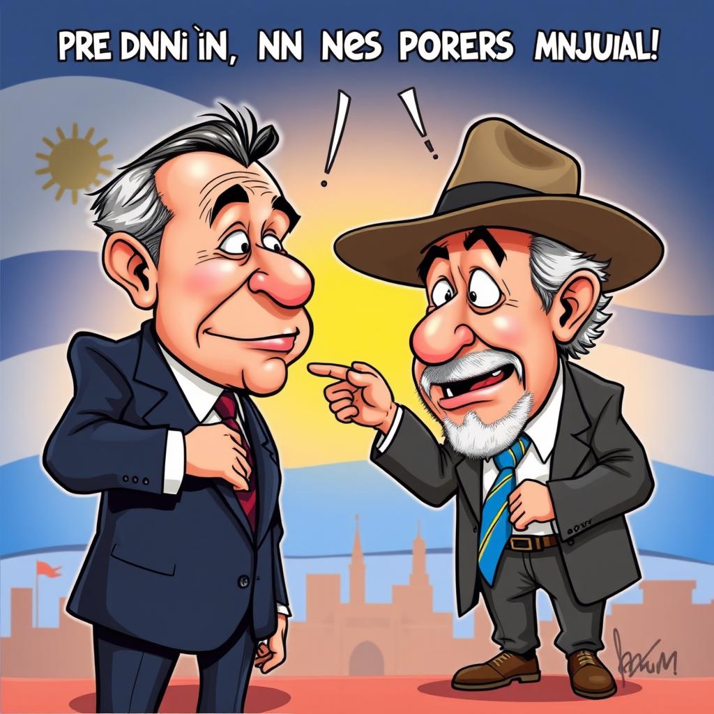 A dramatic political cartoon depicting President Manini Ríos confronting former President Pepe Mujica
