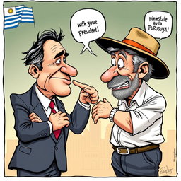 A dramatic political cartoon depicting President Manini Ríos confronting former President Pepe Mujica