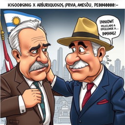 A dramatic political cartoon depicting President Manini Ríos confronting former President Pepe Mujica