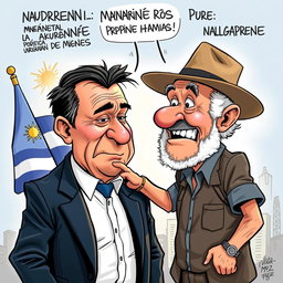 A dramatic political cartoon depicting President Manini Ríos confronting former President Pepe Mujica