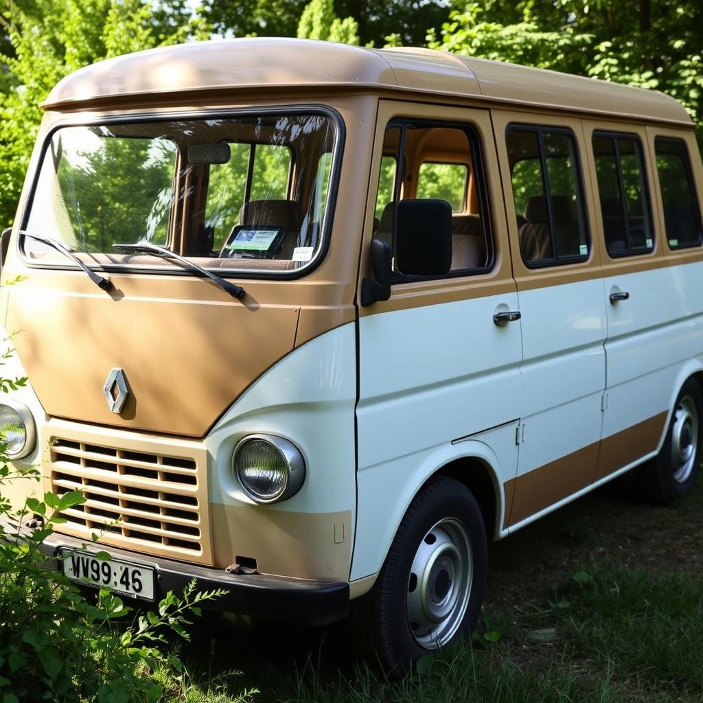 A vintage 1995 Renault Trafic minibus painted in a unique combination of beige on the top half and white on the lower half, showcasing its distinctive design and classic appearance
