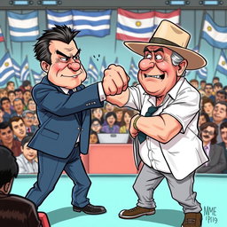 A political cartoon illustrating President Manini Ríos striking a playful punch at former President Pepe Mujica