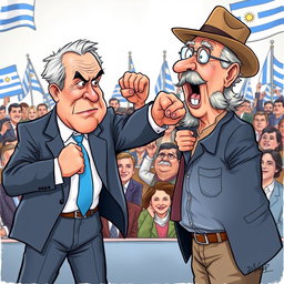 A political cartoon illustrating President Manini Ríos striking a playful punch at former President Pepe Mujica
