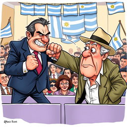 A political cartoon illustrating President Manini Ríos striking a playful punch at former President Pepe Mujica