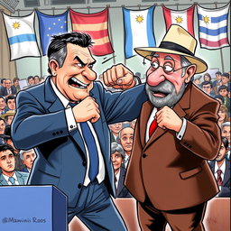 A political cartoon illustrating President Manini Ríos striking a playful punch at former President Pepe Mujica