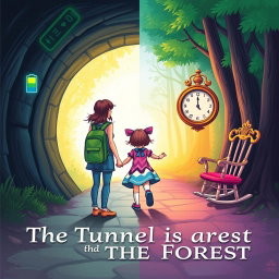 Book cover design titled 'The Tunnel is in the Forest', featuring a vivid and whimsical scene