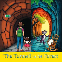 Book cover design titled 'The Tunnel is in the Forest', featuring a vivid and whimsical scene