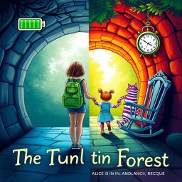 Book cover design titled 'The Tunnel is in the Forest', featuring a vivid and whimsical scene
