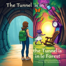 Book cover design titled 'The Tunnel is in the Forest', featuring a vivid and whimsical scene