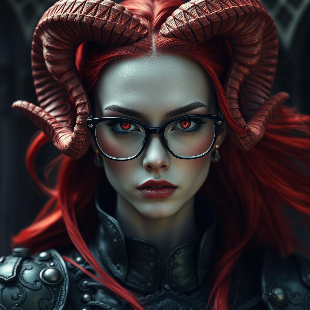 A striking demoness with flowing scarlet hair, beautifully shaped scarlet ram horns, and smooth grey skin