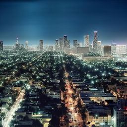 Create a Lo-Fi style illustration of the night view of Los Angeles, with a focus on the boulevard, suitable for an album cover.