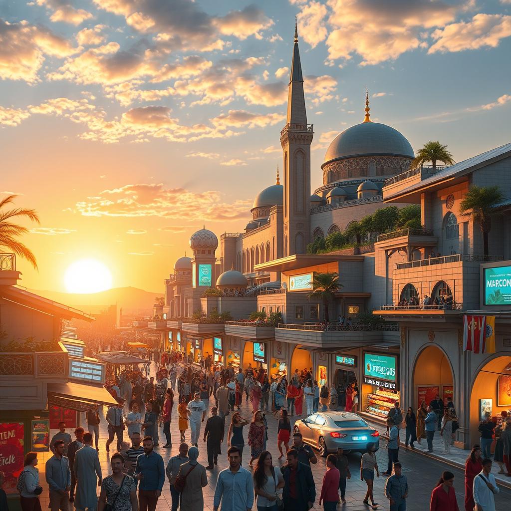 A futuristic vision of Morocco in 2060, showcasing advanced architecture blending traditional Moroccan elements with modern technology