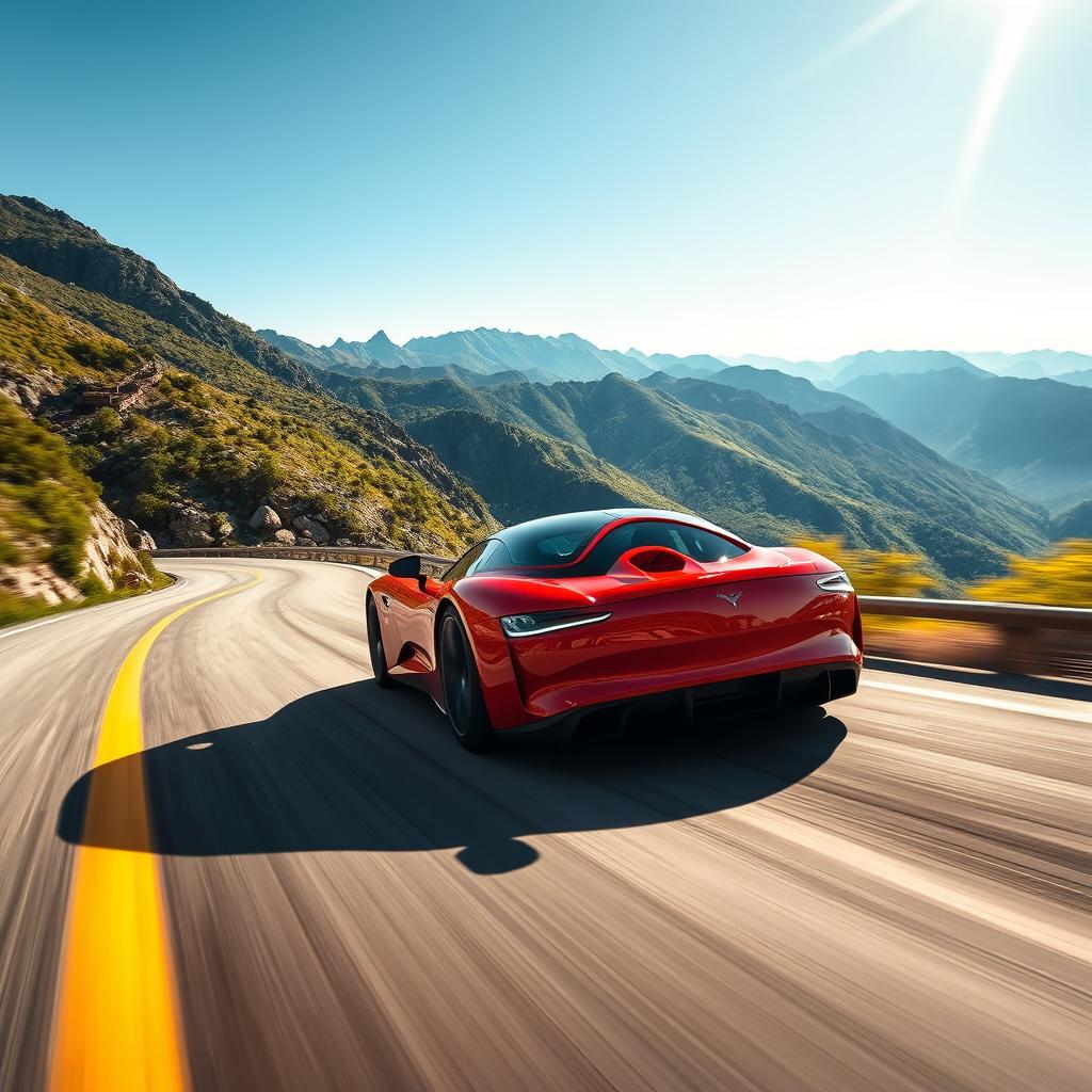A stunning high-action shot featuring a sports car speeding down a winding mountain road