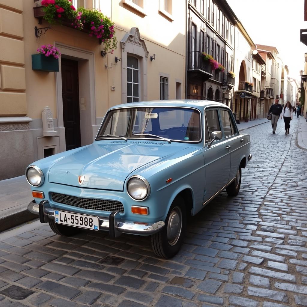 A vintage Lada 2105 parked on a picturesque cobblestone street