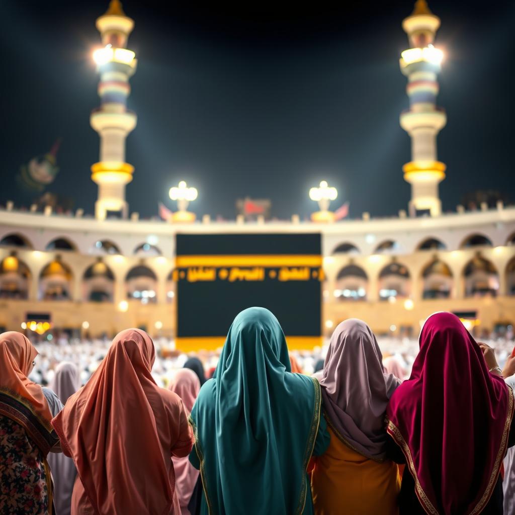 A group of women in vivid traditional clothing performing Taraweeh prayers at the Kaaba during Ramadan