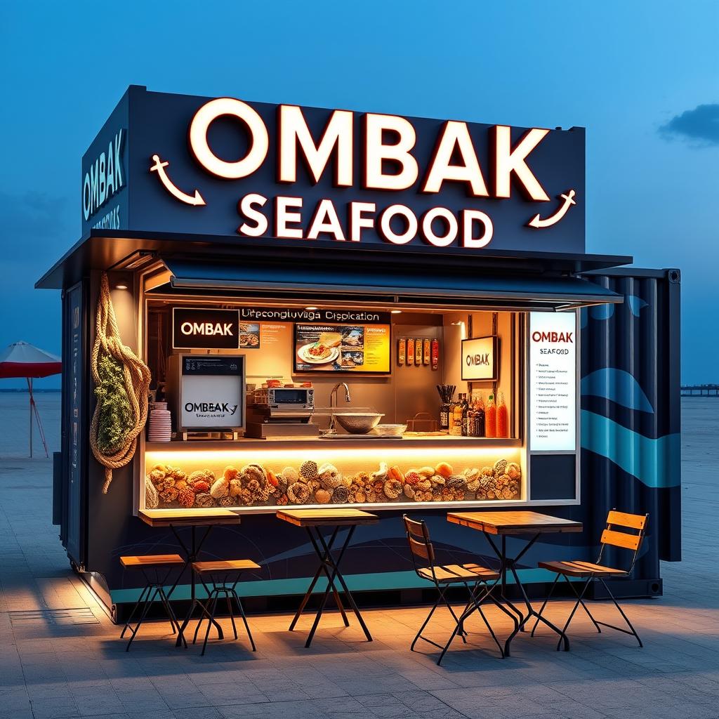 A stylish and contemporary food container booth designed for a street-side seafood business named 'OMBAK SEAFOOD'