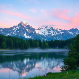 A majestic mountain landscape at sunrise, with soft pink and orange hues in the sky