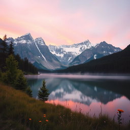 A majestic mountain landscape at sunrise, with soft pink and orange hues in the sky
