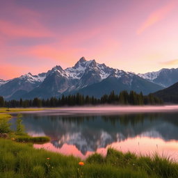 A majestic mountain landscape at sunrise, with soft pink and orange hues in the sky
