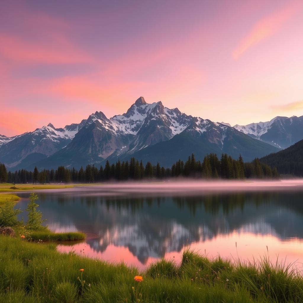 A majestic mountain landscape at sunrise, with soft pink and orange hues in the sky