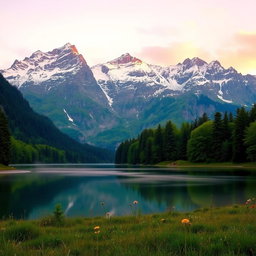 A majestic mountain landscape at sunrise, with soft pink and orange hues in the sky