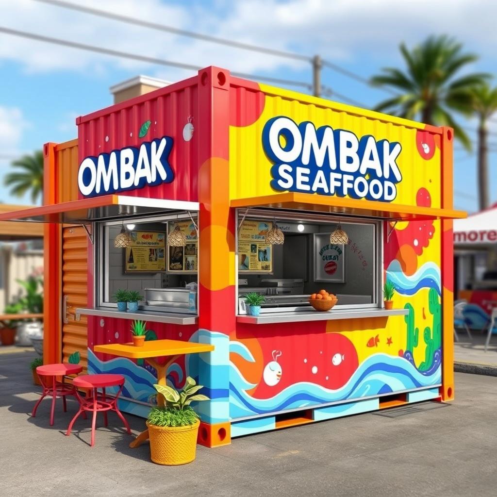 A vibrant and eye-catching food booth designed from a shipping container for a street-side culinary business named "OMBAK SEAFOOD"