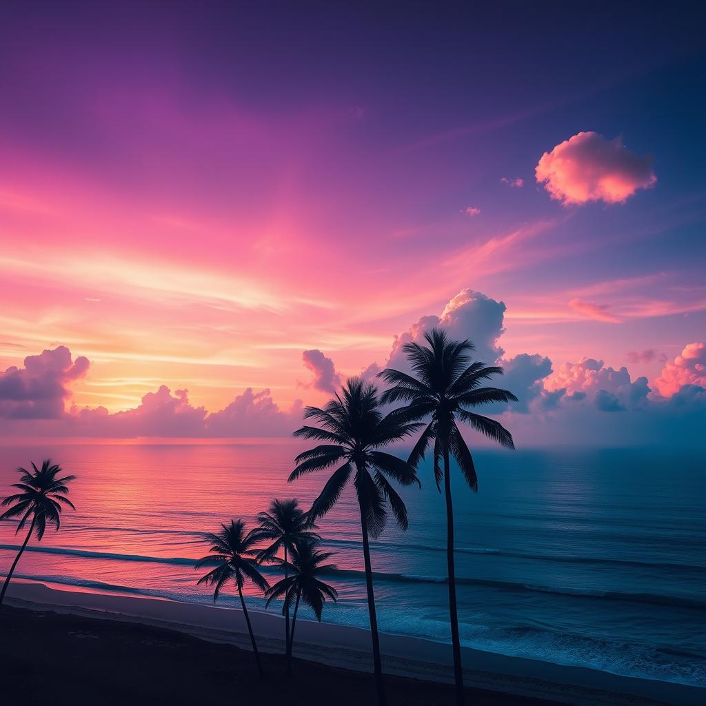 A surreal landscape featuring a vast, vibrant sunset sky in shades of purple, orange, and pink, with fluffy clouds scattering light across the horizon