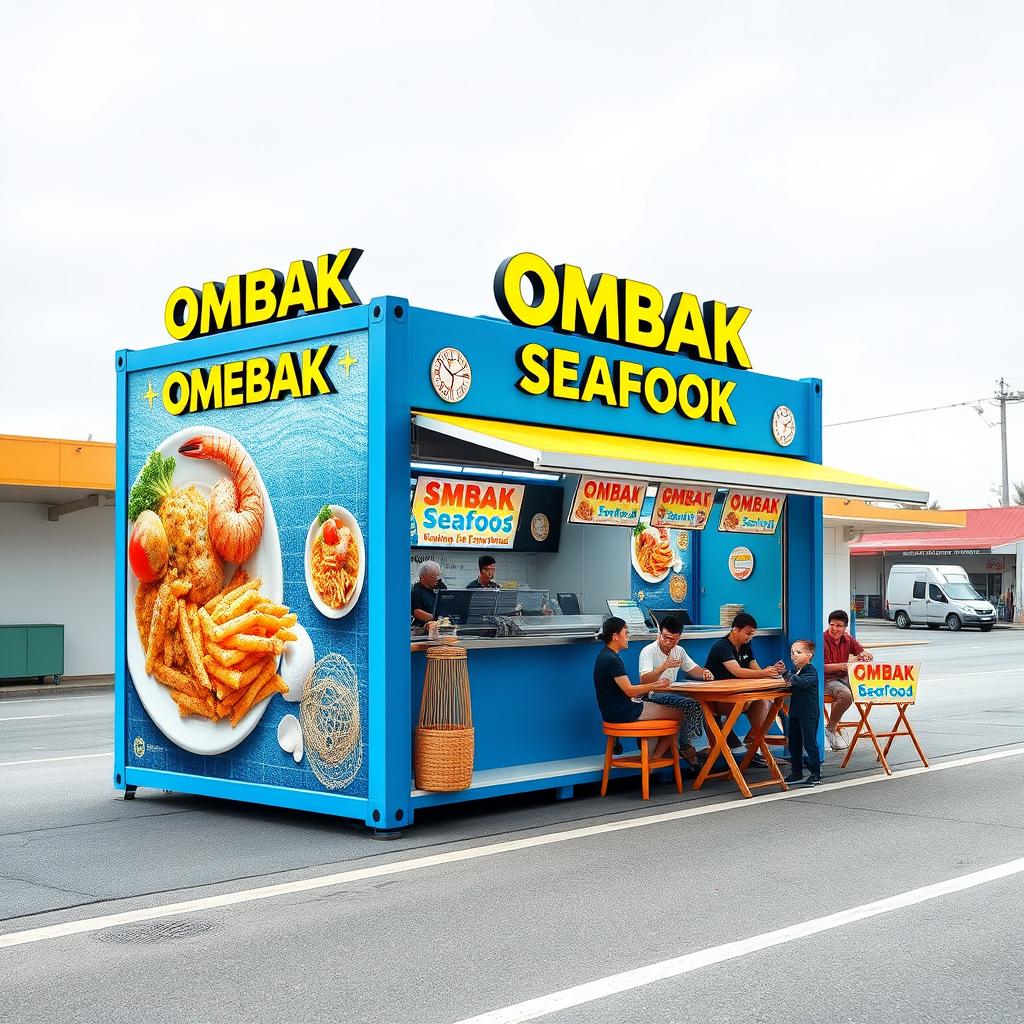 A vibrant and eye-catching food container booth for 'OMBAK SEAFOOD', designed to attract attention on the roadside
