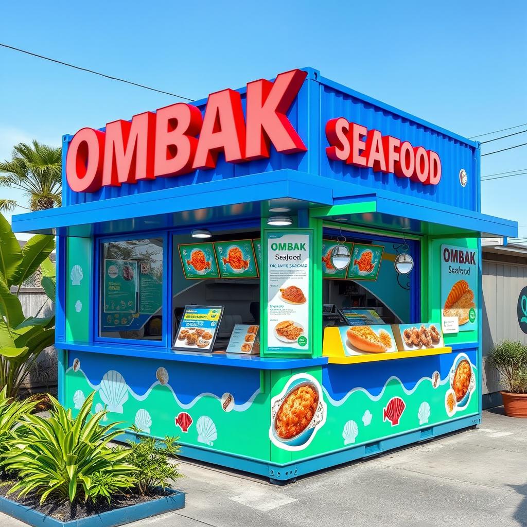 A vibrant and eye-catching food container booth designed for a street food business named 'OMBAK SEAFOOD'