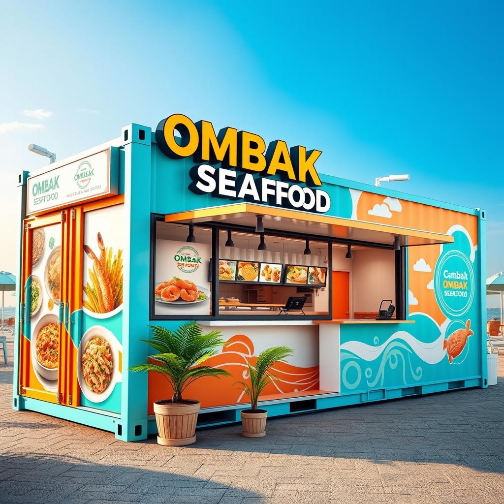 A vibrant and eye-catching container booth for a culinary business named 'OMBAK SEAFOOD'