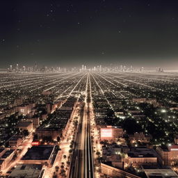 Create a Lo-Fi style illustration of the night view of Los Angeles, with a focus on the boulevard, suitable for an album cover.