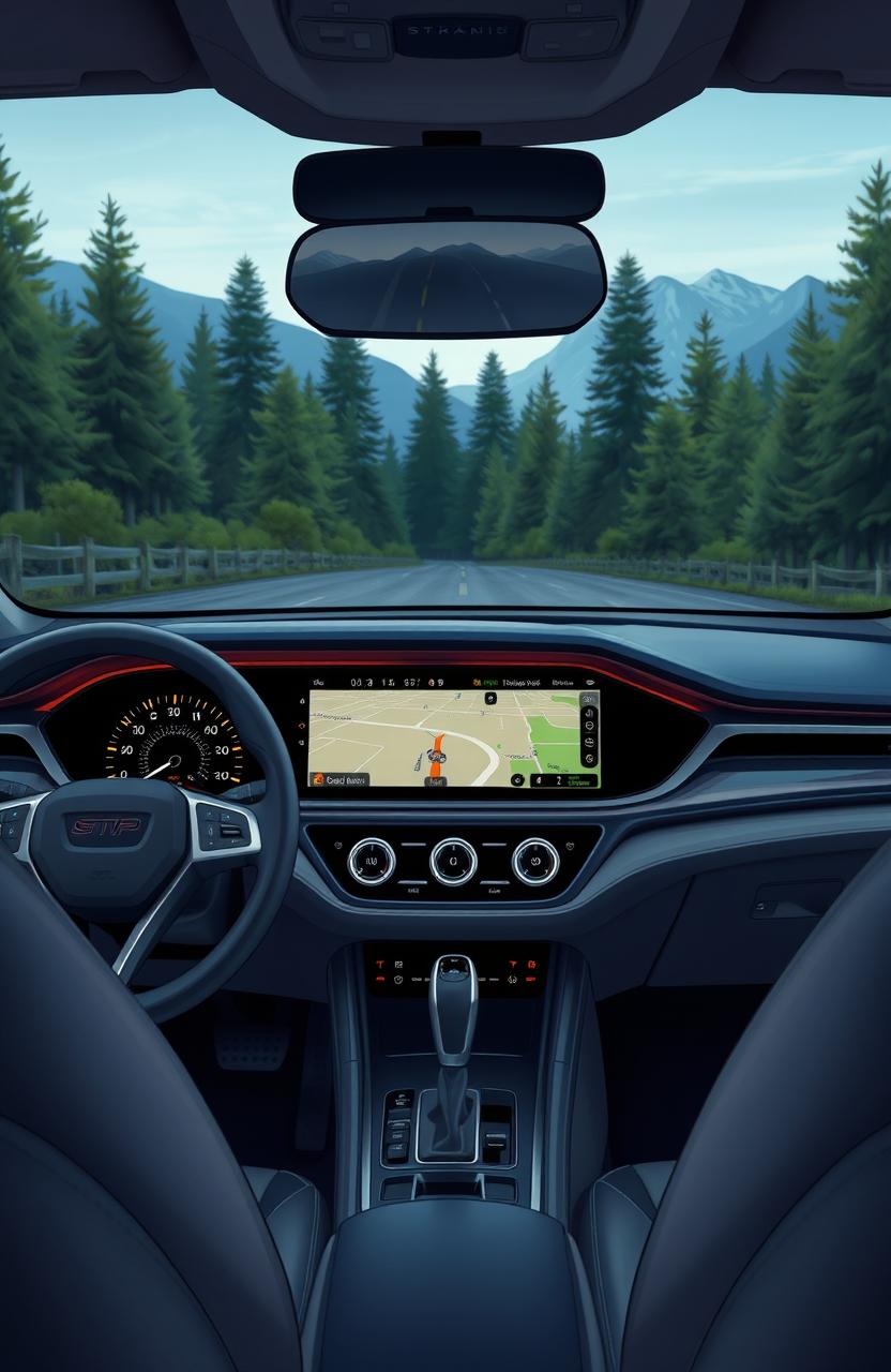 A detailed illustration of a modern car dashboard featuring a high-tech sat nav system