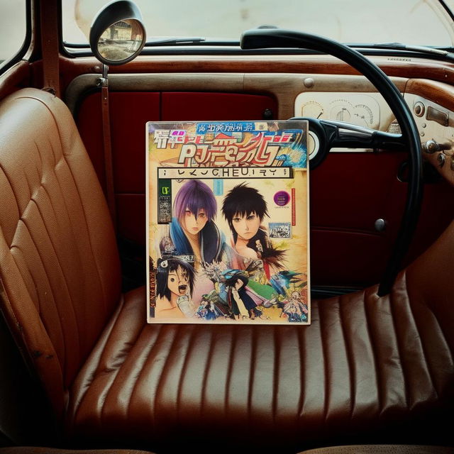 Close up view of a retro anime album cover prominently displayed on the aged leather seat of a vintage car.