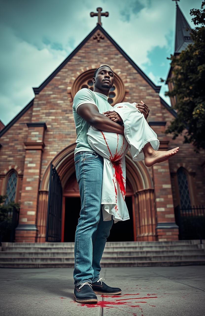 A black man wearing jeans and a light green t-shirt is depicted carrying another person clad in a bloodied white priest's frock, standing in front of an imposing church