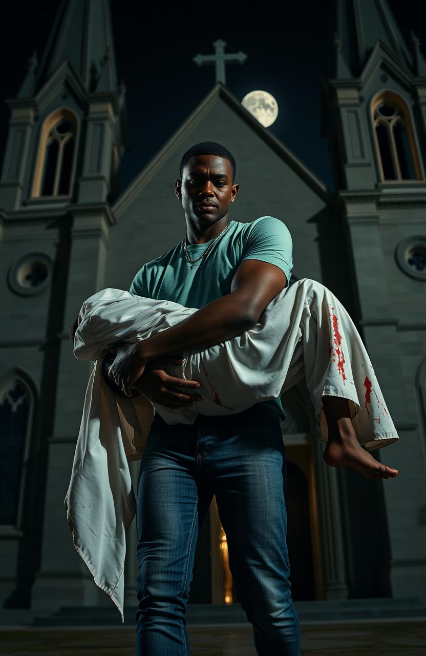 A surreal night scene featuring a Black man wearing fitted jeans and a light green t-shirt, effortlessly carrying another individual draped in a bloodied white priest's frock