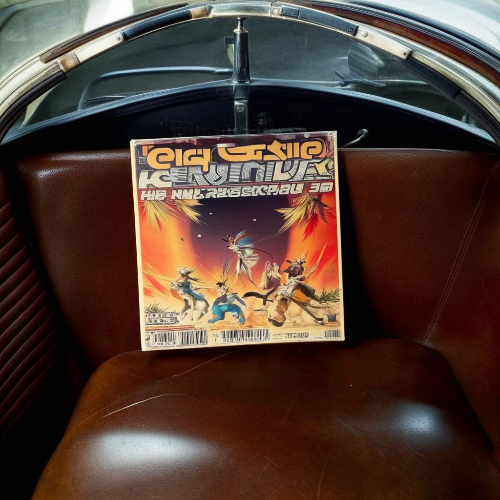 Close up view of a retro anime album cover prominently displayed on the aged leather seat of a vintage car.