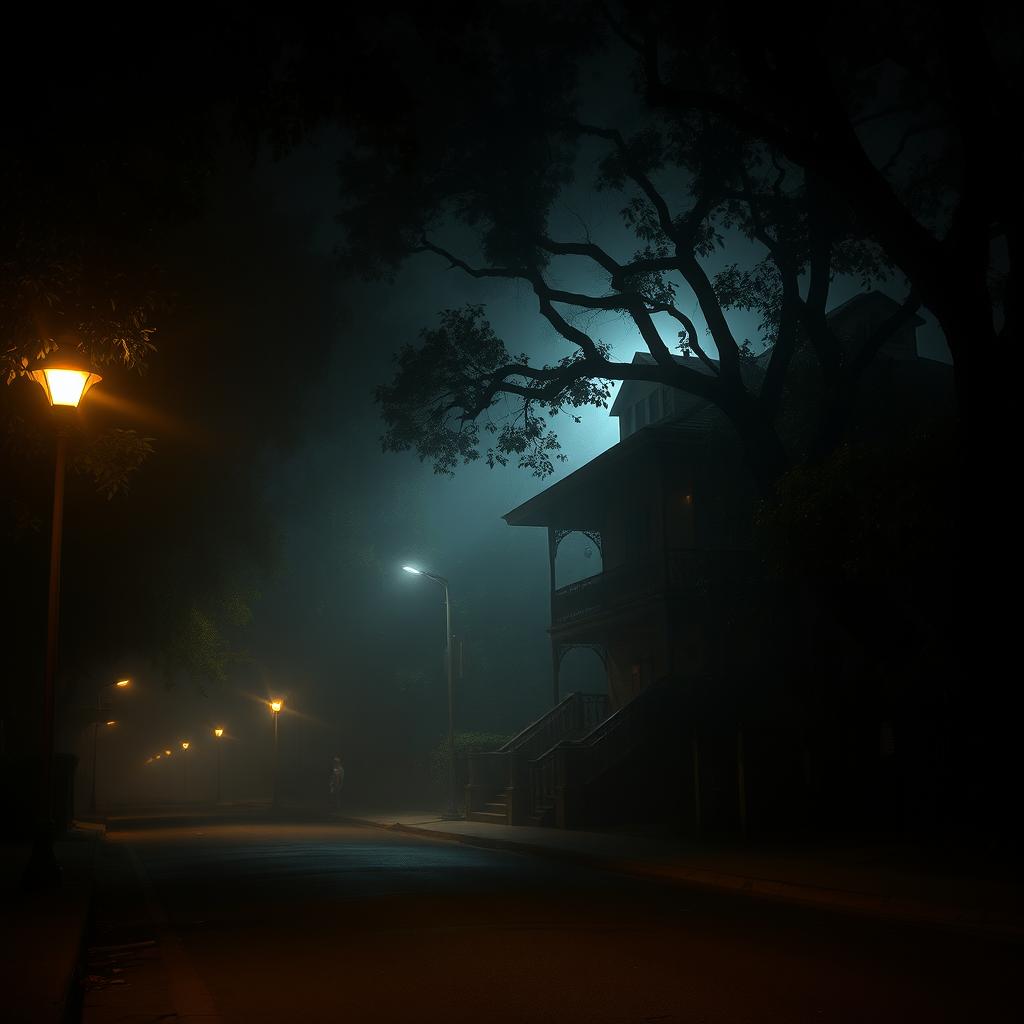 A mysterious and atmospheric depiction of Balete Drive at night, showcasing a quiet street lined with lush trees that create an eerie but beautiful canopy overhead